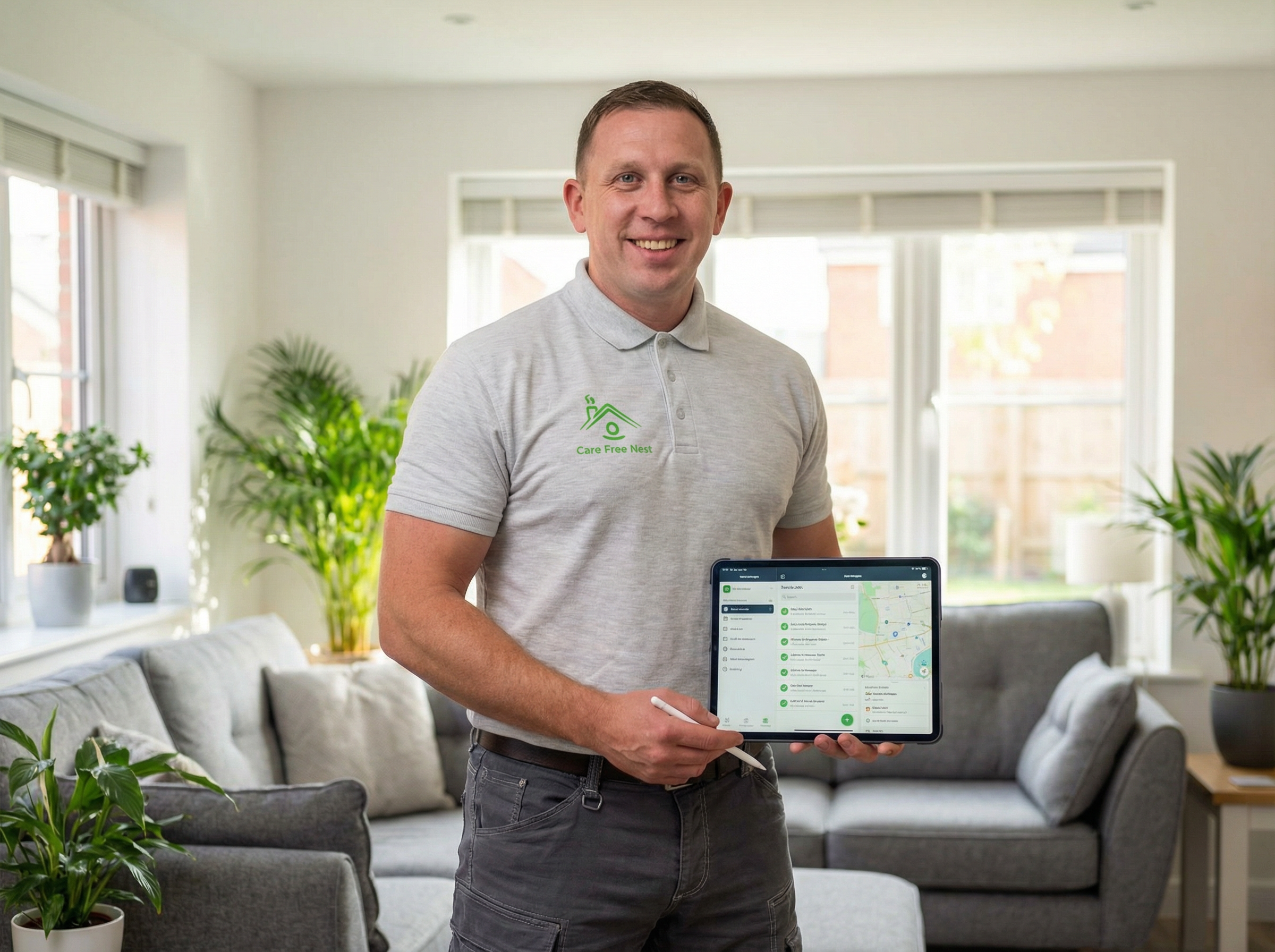 Care Free Nest technician demonstrating app in branded uniform